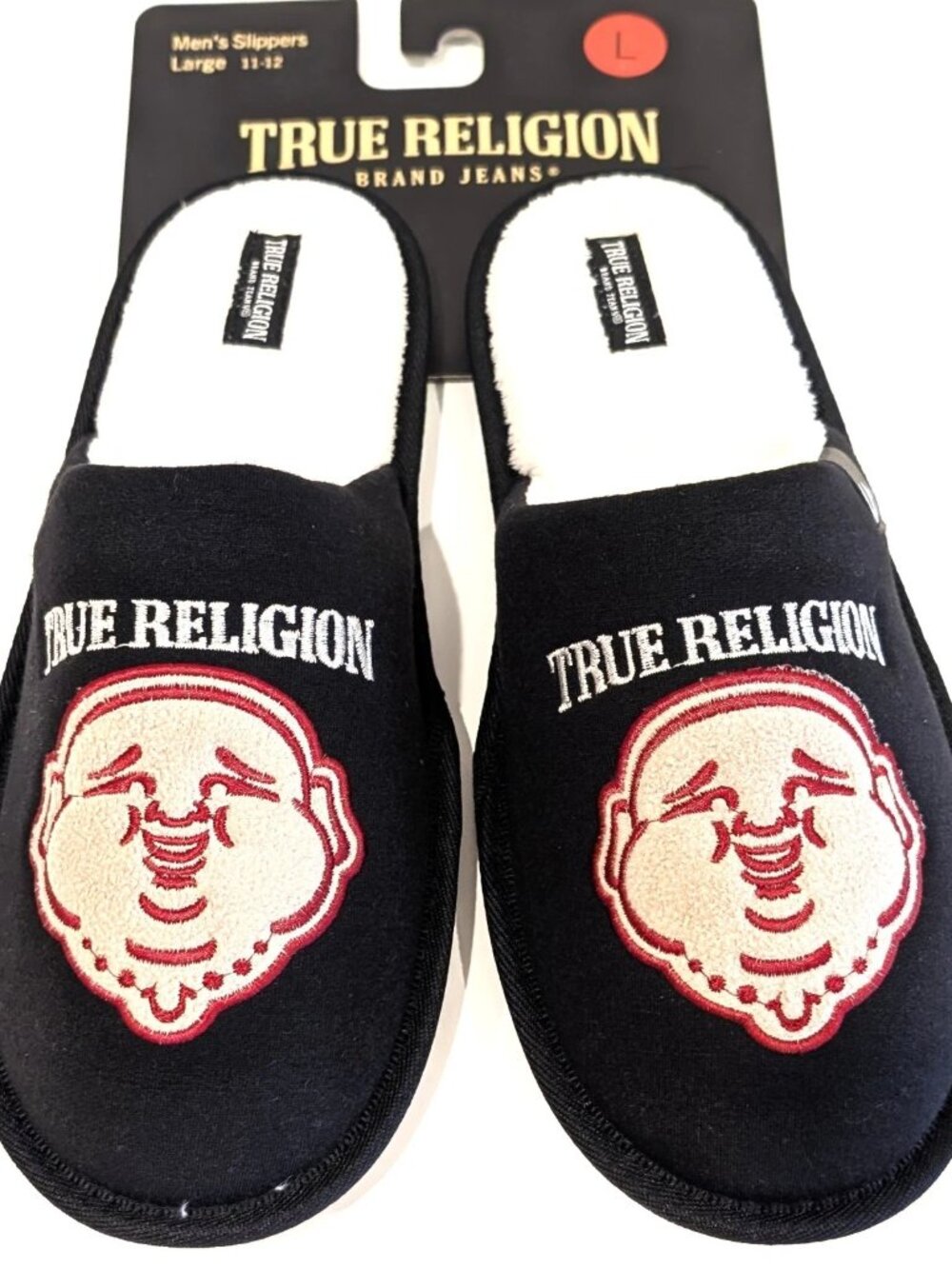 True Religion Mens Buddha Head Fleece Scuff Slippers Black House Size L New
